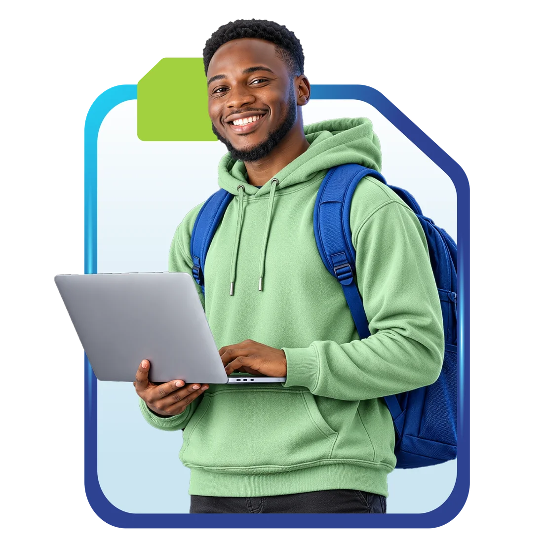 Un jeune homme souriant, un ordinateur portable à la main et un sac à dos bleu, devant un cadre aux couleurs du forum